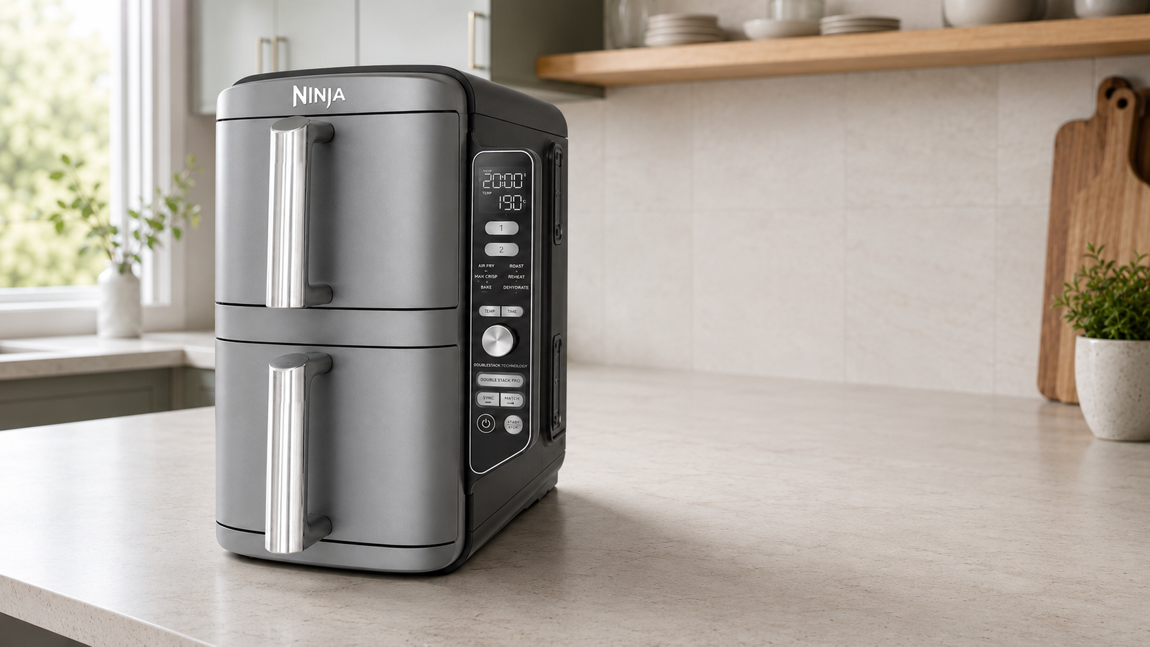 Ninja DoubleStack XL air fryer with its two stacked baskets closed, standing on a light kitchen counter beside a window