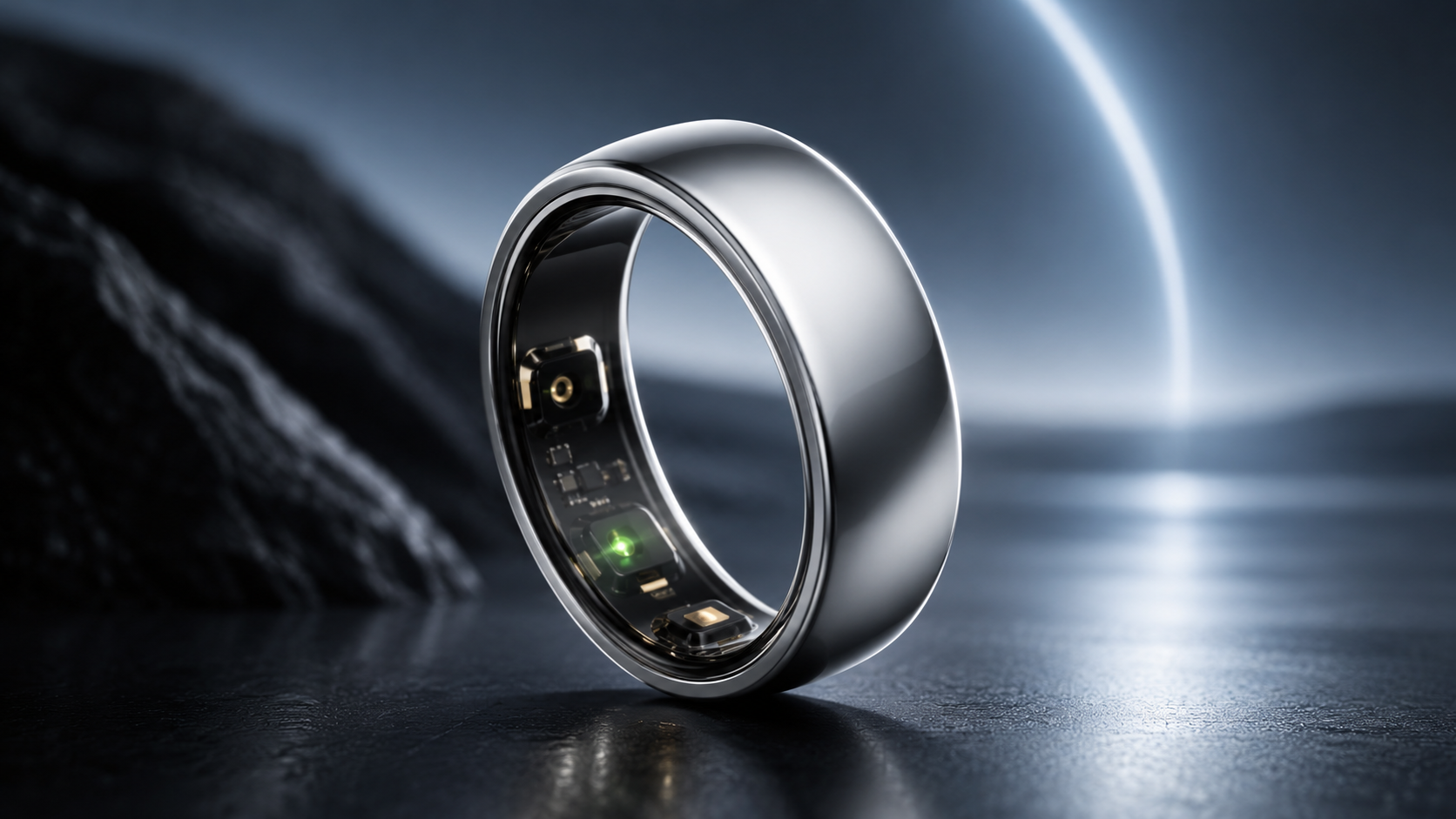 Silver Oura Ring 5 standing upright on a dark reflective surface with its inner sensors visible against a cool blue background